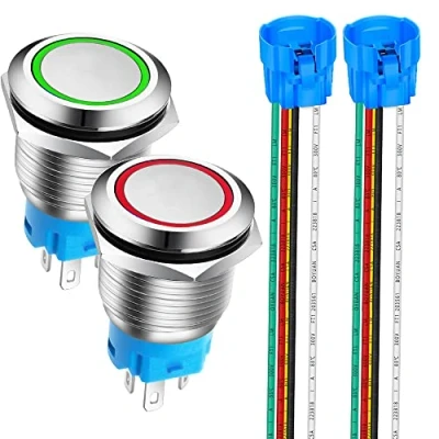 Immagine di Gebildet 2 pezzi 19mm Pulsante Momentaneo in Acciaio Inossidabile, 12V 24V 5A LED 1NO1NC SPDT ON Off Temporaneo Bottone Impermeabile con Spina a Filo (Rosso + Verde)