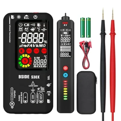 Immagine di BSIDE Kit Multimetro Digitale Intelligente e Rilevatore di Tensione Senza Contatto S30X+X1 con Clip a Coccodrillo Tester Corrente Capacità Ohm Continuità Temperatura Luci LED Cercafase