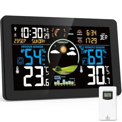 Immagine di Stazione Meteo con Sensore Esterno Interno, Meteorologica Display a Colori Temperatura, Umidità, Tempo Data, Barometrico, Sveglia, Previsioni del Tempo, Retroilluminazione Regolabile