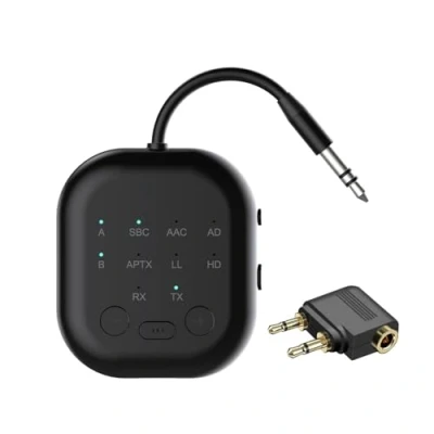 Immagine di eppfun 3040C MAX ricevitore trasmettitore audio Bluetooth 5.3 con APTX/APTX LL/APTX HD/AAC/SBC, wireless cavo da 3,5 mm per PC/TV/Auto/Aeroplano (Nero)