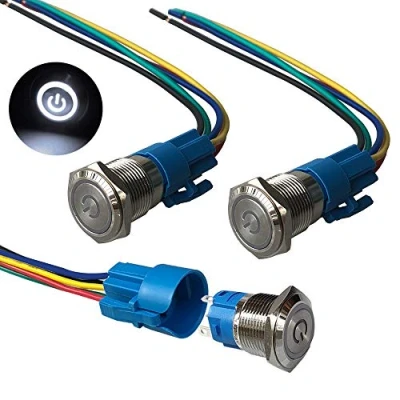 Immagine di QitinDasen 3Pcs Premium 12V / 24V 5A Interruttore a Pulsante Autobloccante, 19mm in Metallo con LED Bianca, Avviamento Auto Acciaio Inossidabile impermeabile