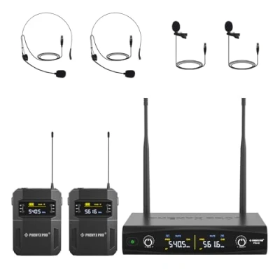 Immagine di Phenyx Pro Sistema microfonico wireless UHF con 2 x 30 frequenze, set di microfoni senza fili in metallo, bodypack e cuffie/microfoni da bavero per parlare, cantare, chiesa, DJ (PTU 52 2B)