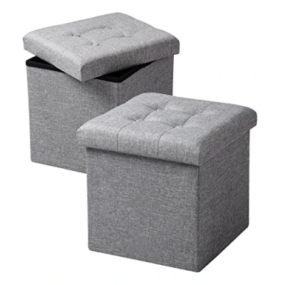 Immagine di WOLTU Sedia a Cubo Pouf Sgabello Pieghevole Cassapanca Contenitore Poggiapiedi in MDF Oxford Lino Grigio Chiaro 2 Pz
