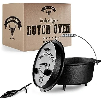 Immagine di BUFFALO BBQ® Stufa olandese con piedini e coperchio, estremamente resistente al fuoco, include pentola in ghisa, capacità 9 litri, adatto per esterni interni (9 litri)