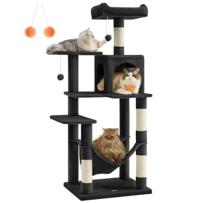 Immagine di Feandrea Albero per Gatti Alto 143 cm, Tiragraffi Gatti, con 4 Pali Graffiatoi, 2 Posatoi, 1 Grotta, Amaca, Pompon, in Peluche a Più Livelli, Nero Inchiostro PCT161B01