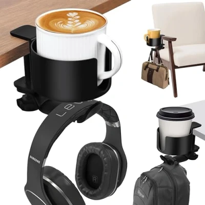 Immagine di Winter Shore 2 in 1 Porta Cuffie da Scrivania con Bicchiere Accessori Lega di Alluminio per Uso Continuo Tazza Morsetto Antiribaltamento Supporto a 360 Gradi