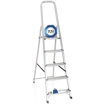 Immagine di HJH Office 801100 Scaletta Pieghevole Solid III in Alluminio con 5 gradini e Barra di Sicurezza, carico Massimo 150 kg, Argento