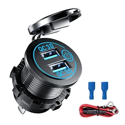 Immagine di Presa USB per Auto 12V QC3.0 Doppio Porte Caricatore Impermeabile con Interruttore e LED / 24V Moto Camper Camion Barca Blu