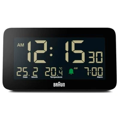 Immagine di Braun Sveglia Digitale con Visualizzazione di Data, Mese e Temperatura, Display LCD Negativo, Impostazione Rapida, Bip Crescendo in Nero, Modello BC10B (1 Confezione)