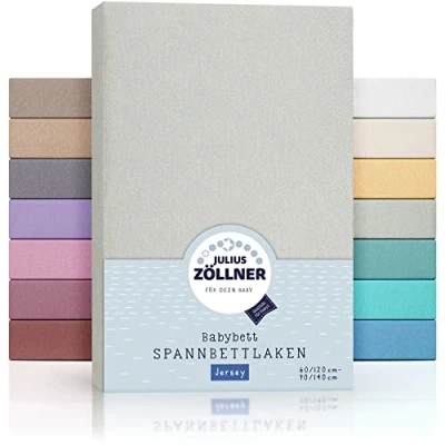 Immagine di Julius Zöllner Lenzuolo con angoli elasticizzati in jersey per lettino, 100% di cotone, certificato Oeko Tex Standard 100, dimensioni: 60 x 120 cm/70 140 cm, 2 pezzi, grigio chiaro