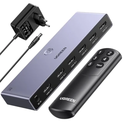 Immagine di UGREEN 8K 60Hz Switch HDMI 2.1 5 Ingressi 1 Uscita 4K 240Hz HDCP 2.3 Interruttore Adattatore di Alimentazione con Telecomando Compatibile PS5/4 Xbox Nintendo DVD Apple TV Fire Stick