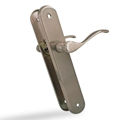 Immagine di Amig Set di 2 maniglie per porte Manovella funzionale ed ergonomica Piastra ovale in acciaio e maniglia zamak argento opaco senza bocallave 237 x 40 55 mm