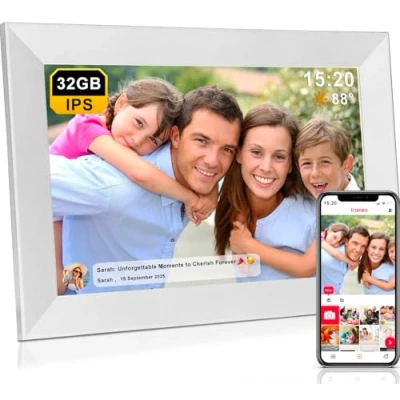 Immagine di FRAMEO 32GB Cornice Digitale 10,1 Pollici WiFi, Schermo Touch IPS HD 1280x800, Rotazione Automatica, Supporto per Scheda Micro SD, Momentos di Condivisione Istantanea (Bianco)