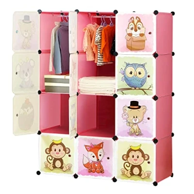 Immagine di BRIAN &amp; DANY Armadio Modulare Bambini, Portatile Guardaroba, Armadietto in Moduli Plastici, 8 Cubo e 2 Aree di Sospensione, Rosa, 110 x 47 147 cm