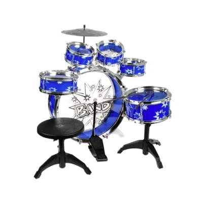 Immagine di Batteria Musicale 9 Elementi Percussioni Strumenti Musicali con Sgabello e Bacchette Blu