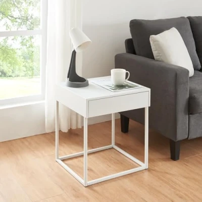 Immagine di [en.casa] Comodino in Acciaio con Cassetto Tavolino Laterale per Letto da Divano Mobiletto Notturno Moderno Industriale 50 x 43 41 cm Bianco Opaco