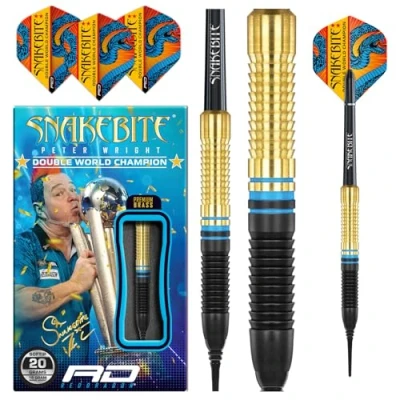 Immagine di RED DRAGON Peter Wright Snakebite Set di freccette in ottone a punta morbida da 18 g, peso totale 20 con alette e astine (steli)
