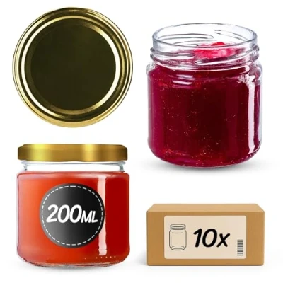Immagine di KADAX Barattoli Ermetici di Vetro da 200 ml, Vassetti Piccoli con Coperchio a Vite per Conserve Frutta, Marmellate e Miele (Set 10, Oro)