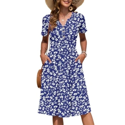 Immagine di AUSELILY Vestito Estivo a Maniche Corte da Donna Abito Casual Scollo V al Ginocchiocon Bottoni con Tasche Piccoli Fiori Blu XL