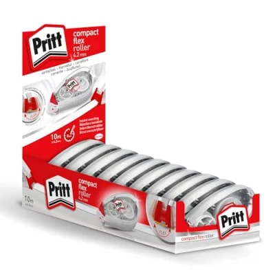 Immagine di Pritt Rullo di correzione Compact Flex con punta flessibile e funzione push pull, scrivibile immediatamente, larghezza circa 4,2 mm, lunghezza 10 m, set rulli