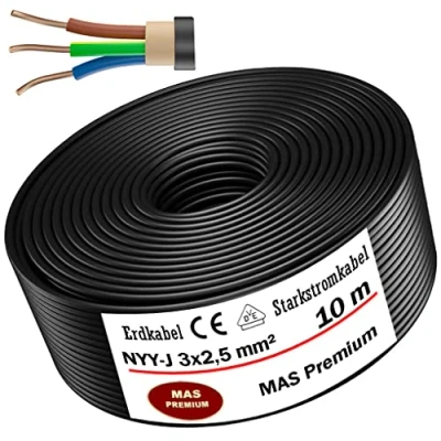 Immagine di MAS Premium® NYY J cavo elettrico di marca tedesca per la posa in esterni e terra, matassa alta tensione standard, prodotto Germania, 3 x 2,5 mm², 10 m