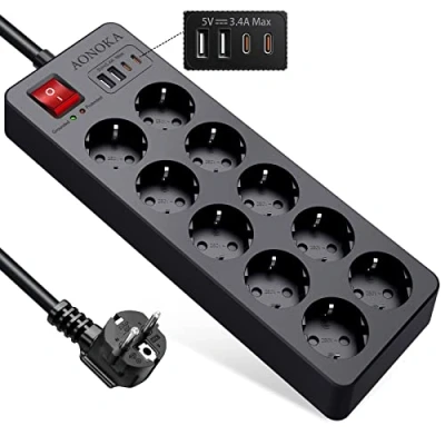 Immagine di Ciabatta Multipresa Protezione Sovratensione Fino a 1700 Joule, 10 Prese Elettrica con USB C,10 Posti e 4 Presa Multipla Shuko da scrivania Salvaspazio interruttori,1,5M,Nero