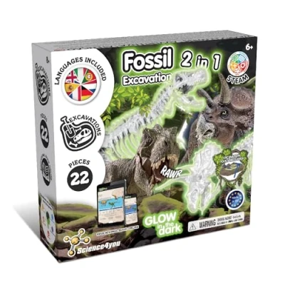 Immagine di Science4you Kit Dinosauri 2 in 1 Fossili da Scavare che si Illuminan al Buio di Dinosauri: T Rex e Triceratopo, Scheletro Dinosauro, Giocattoli per Bambini 6 7 8 9+ Anni