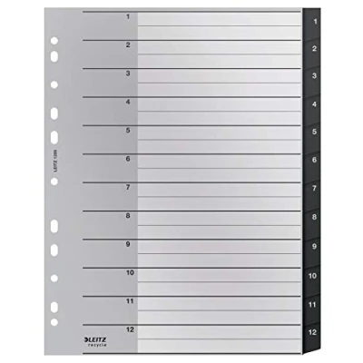 Immagine di Leitz Indice, Schede Numeriche 1 12, Formato A4 Extra Largo, Plastica Riciclata al 90%, Ecologico, Qualità Premium, Gamma Recycle, Nero, 12090000