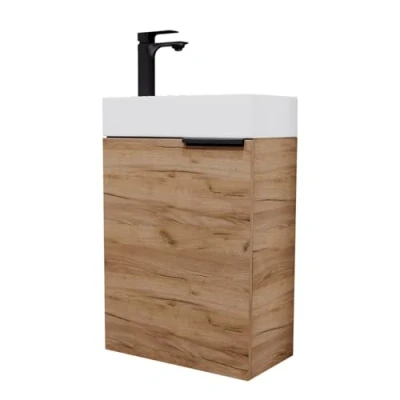 Immagine di Planetmöbel lavabo con base 40cm in Rovere Oro e rubinetto Nero opaco, Set di mobili da bagno per bagno, WC ospiti