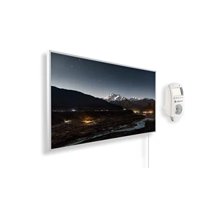 Immagine di Riscaldatore a infrarossi Könighaus 800 Watt + termostato smart e APP una stufetta elettrica basso consumo Cornice bianca (02. Montagna valle)