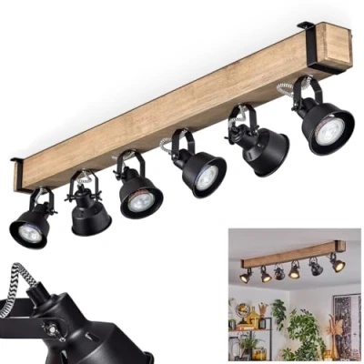Immagine di HOFSTEIN plafoniera Safari, moderna in metallo/legno, colore nero/naturale, dal design industriale con schermi regolabili, 6 luci, lampadine GU10 senza lampadina