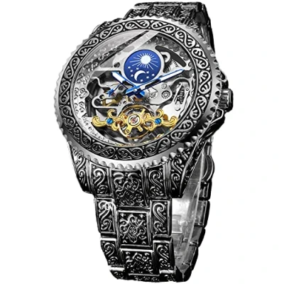 Immagine di FORSINING Orologio retrò per gli uomini intagliato a carica automatica tatuaggio meccanico Tourbillon fase lunare secondi indipendenti scheletro automatico orologi da polso
