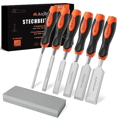 Immagine di AojSup Set di Scalpelli per Legno 6 Pezzi, (6, 12, 19, 25, 32, 38mm) con Cote, Professionale Angolo da Intaglio del Legno, Carpenteria