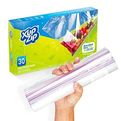 Immagine di 30 Sacchetti per Freezer Premium di XupZip ™ Grandi Dimensioni, Capienza 4,45L, Lavabili e Riutilizzabili, Plastica Resistente, Trasparenti Chiusura Ermetica ZiP in Bambù Senza BPA