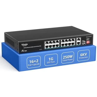 Immagine di Switch PoE a 16 Porte con 2 Gigabit Uplink e 1 SFP, VIMIN di Rete 19 Non Gestito 10/100Mbps PoE, AI Watchdog, VLAN, Estensione 250m, Supporta IEEE802.3af/at