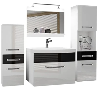 Immagine di Belini Set completo di mobili da bagno con lavabo, mobiletto per lavabo e specchio, colore: bianco nero lucido
