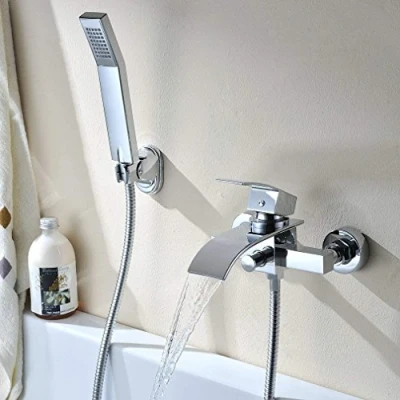 Immagine di Rubinetto Vasca Bagno, Set Doccia Soffione, a Cascata Sistema Staffa Muro e Doccetta Impostato per da Bagno