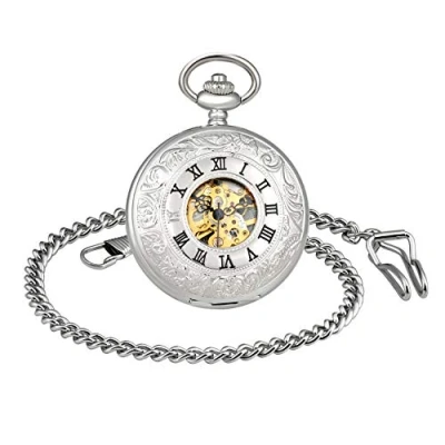 Immagine di MICGIGI orologio da taschino unisex meccanico a carica manuale, doppia copertura, analogico, scheletro, con catena, Classico