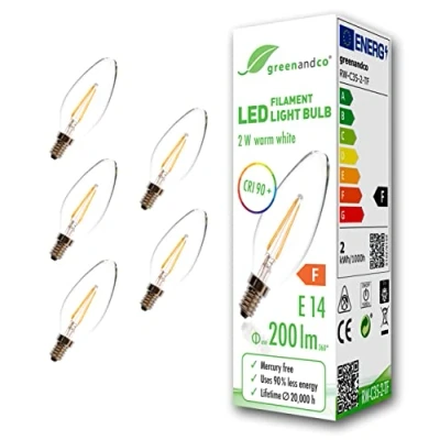 Immagine di greenandco 5x Lampadina a filamento LED IRC 90+ E14 2W (equivalente 20W) 200lm 2700K (bianco caldo) 360 230V AC Vetro, forma de vela, nessun sfarfallio, non dimmerabile