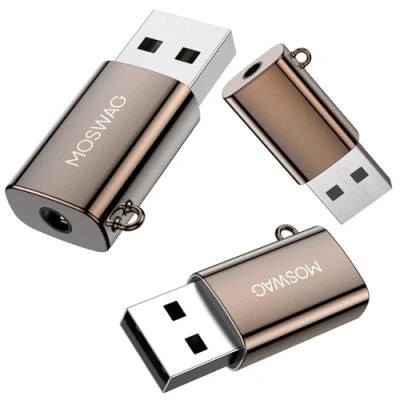 Immagine di MOSWAG adattatore USB a jack audio, audio da 3,5 mm in lega di zinco, esterno compatibile con cuffie, PC, laptop, Mac, desktop, Linux, PS4 e altro dispositivo