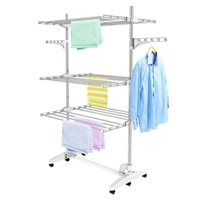 Immagine di Todeco Stendino per Biancheria, Stendibiancheria Materiale: Tubi in acciaio inossidabile Carico massimo: 3 kg ciascun barra di sostegno ripiani, Bianco, con ali