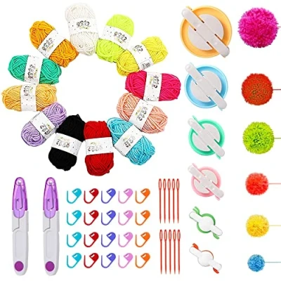 Immagine di Allazone 57 Pz Kit per Creatore di Pompon, Pom Maker Pompon Maglieria a Telaio, Gomitolo Lana, Plastica Fai Da Te