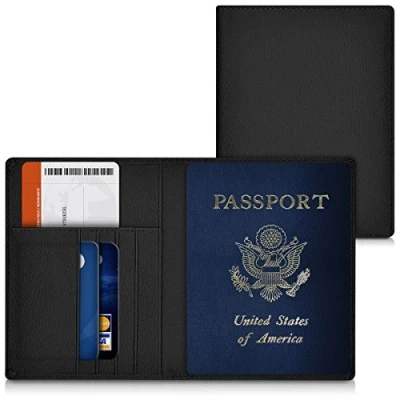 Immagine di kwmobile porta passaporto in pelle sintetica Scomparti carte foderina per similpelle Custodia documento nero