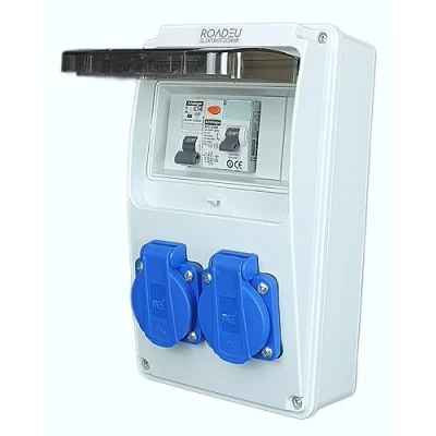 Immagine di RoadEu distributore di corrente 230 V 2 prese Schuko con interruttore circuito e C 16 A Cablato, per interni ed esterni IP54