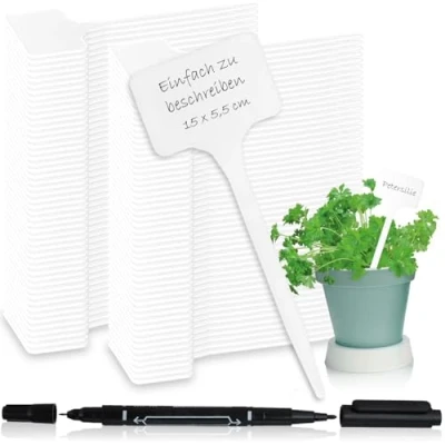 Immagine di com four® 100x Etichette per Piante con Pennarello a Doppia Punta innesto 15 cm stanze, balconi, Giardini Tappi etichettatura (100 Pezzi Bianco 15cm)
