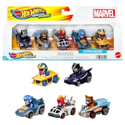 Immagine di Hot Wheels RacerVerse Set di 5 veicoli die cast con piloti i personaggi Marvel, include Capitan America, Rocket, Black Panther, Marvel e Thanos, giocattolo per bambini, 3+ anni, HPN40