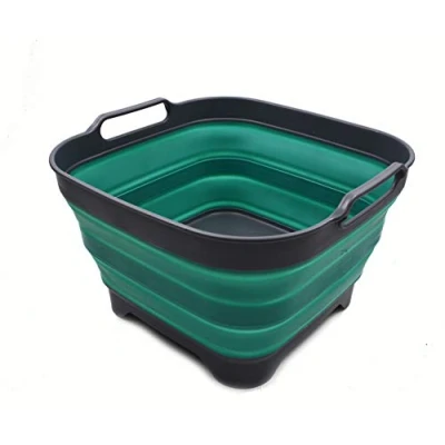 Immagine di SAMMART Pentola pieghevole da 10 l con tappo di scarico, lavabo pieghevole, vasca portatile per lavare i piatti, vassoio salvaspazio cucina (1, grigio/blu turchese)