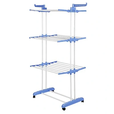 Immagine di Stendino, 4 Livelli Stendibiancheria Verticale Allungabile con Ruote, Acciaio Inossidabile Stendino da Balcone Esterno, Stendipanni per Interno (75*64*170 cm/blu e bianco)