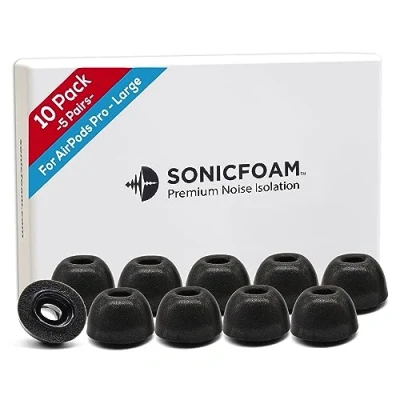 Immagine di SONICFOAM Cuscinetti per Auricolari in Memory Foam Isolamento Acustico Premium, Schiuma di Ricambio, Confezione da 10 Airpods Pro (SFAIR Grande, Nero)