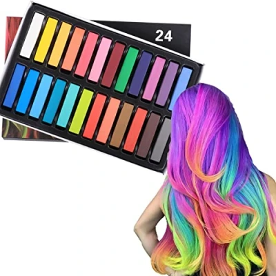 Immagine di Gessetti Colorati Per Capelli, Set Di Colore Temporaneo Capelli A 24 Colori, Gessi Usa E Getta Non Tossico Lavabile, Adatto Natale, Carnevale, Feste, Giochi Ruolo